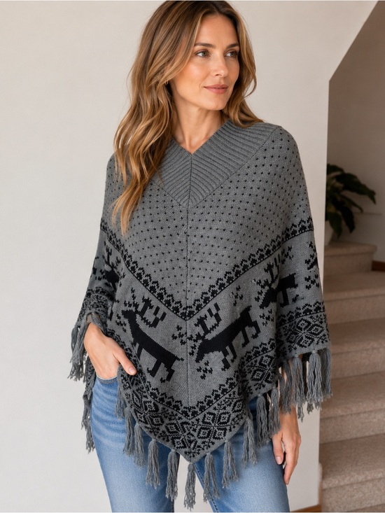 Steve Madden Sweaters - Steve Madden Wrap Poncho One Size Reindeer Fair Isle Knit Fringe Wool Blend